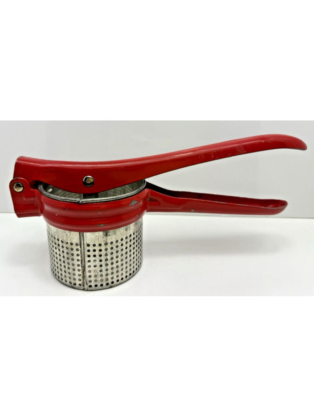 Vtg Red Metal Potato Ricer Press Grater Handles Masher Farmhouse Kitchen TALA